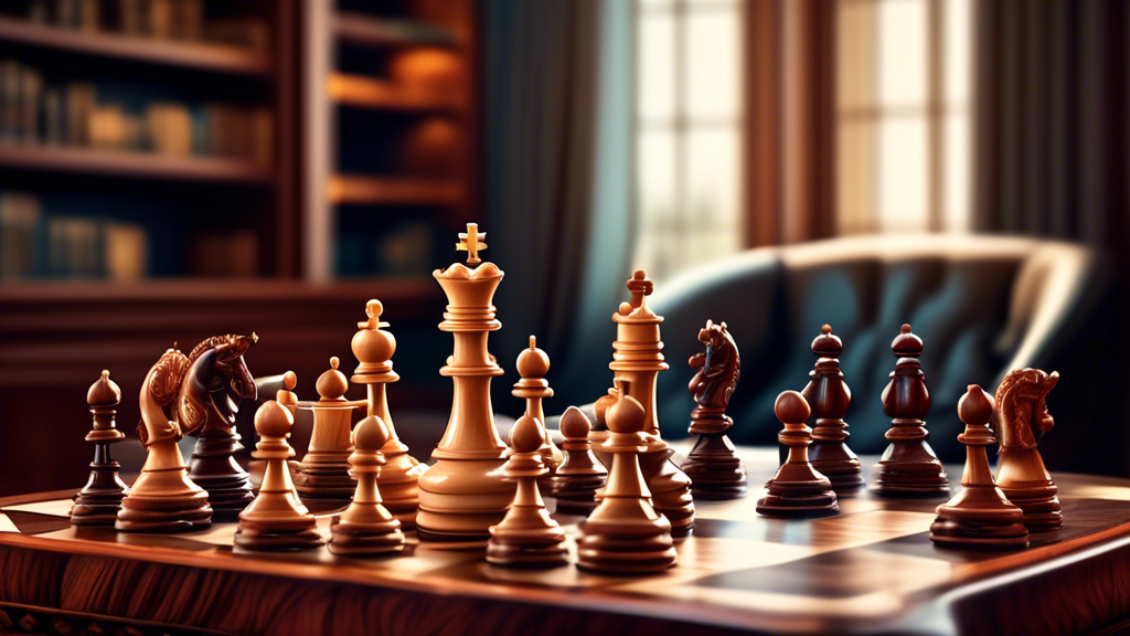 An ornate luxury wood chess set placed on a polished mahogany table, each chess piece intricately carved, with a soft-focus background of a sophisticated study room featuring a grand bookshelf and a v