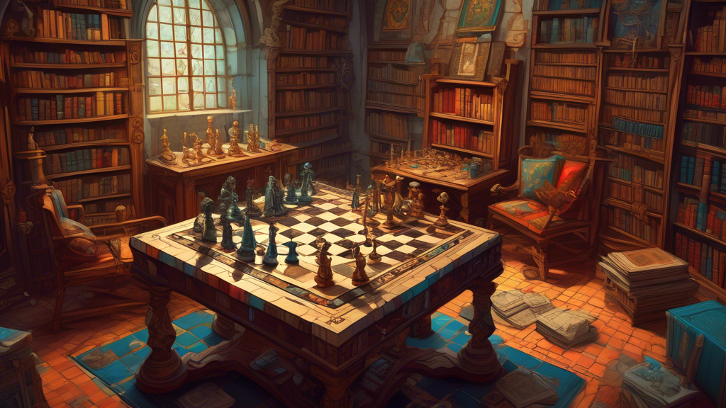 An ornate chessboard set up in a medieval library, with a strategic game mid-play, and surrounded by vintage calculators and ancient scrolls.