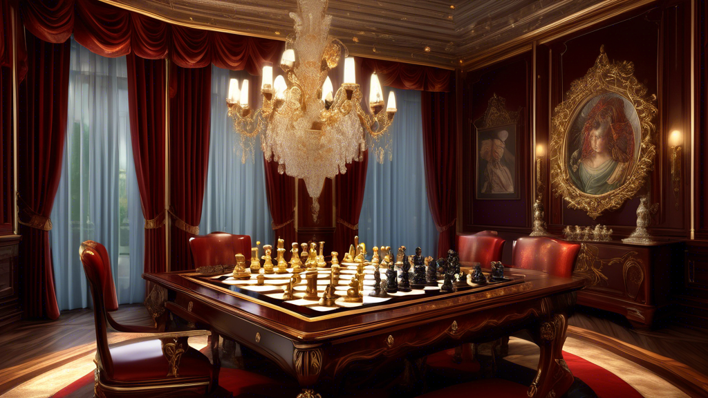 An intricately designed chess set displayed on a polished mahogany table, with pieces crafted from gold and silver, set in a richly decorated room with velvet curtains and a grand chandelier overhead.