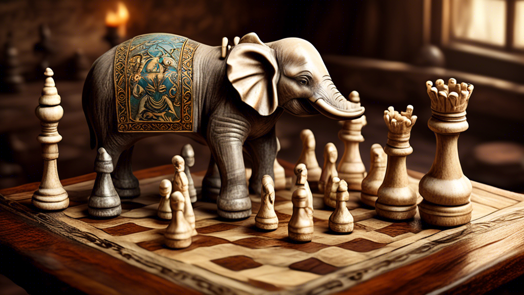 An ancient chess set displayed on a vintage wooden table, featuring a detailed ivory elephant piece set against a medieval European backdrop with other traditional pieces around, highlighting the hist