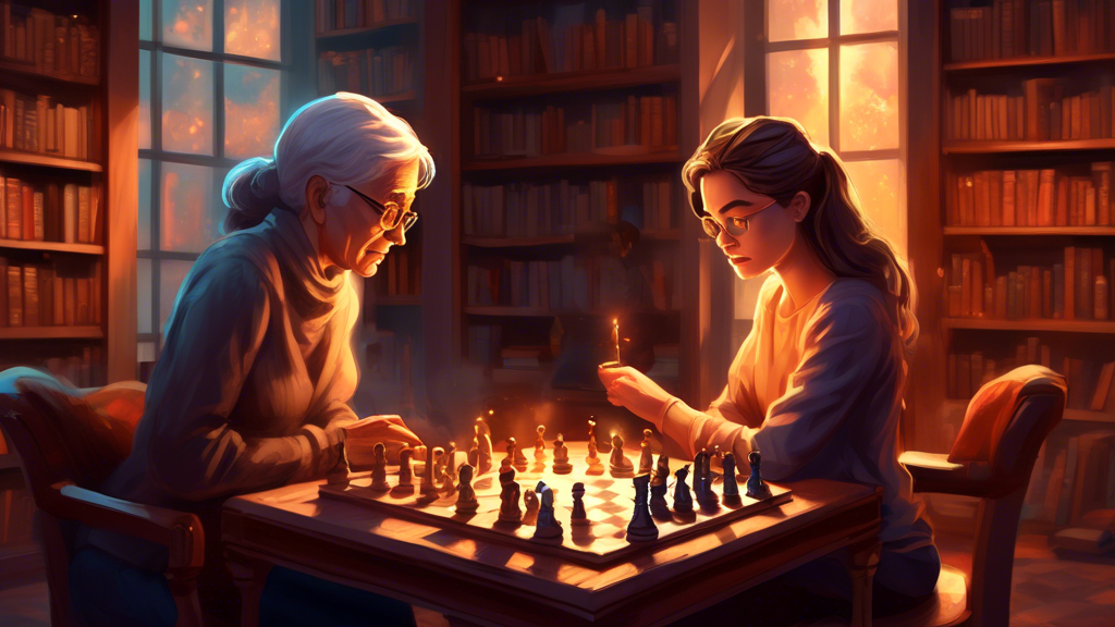 A digital illustration of a young woman and an elderly man intensely focused while playing a game of chess in a cozy, well-lit library, surrounded by towering bookshelves filled with ancient tomes, a 