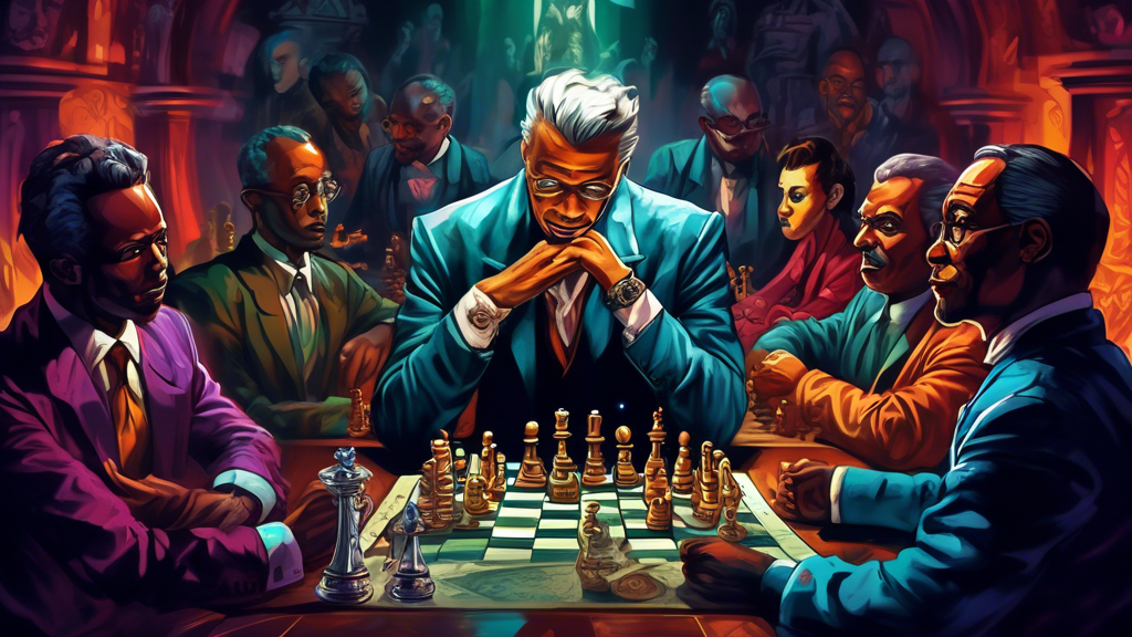 A grandmaster sitting at an ornate chess table, calculating a move, with spectators holding bills and cheering in a posh, dimly lit underground club.