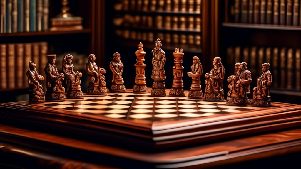 An intricately carved luxury wooden chess set with ornate pieces, featuring motifs of historical figures, displayed on a polished mahogany table in a dimly lit, opulent study with shelves of classic b