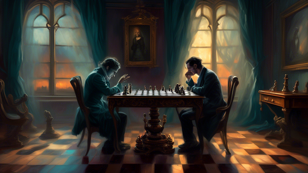 A somber, Victorian-style painting of a dimly lit room where two intense chess players are seated at an ornate wooden chess table, surrounded by ghostly, ethereal figures whispering moves into their e