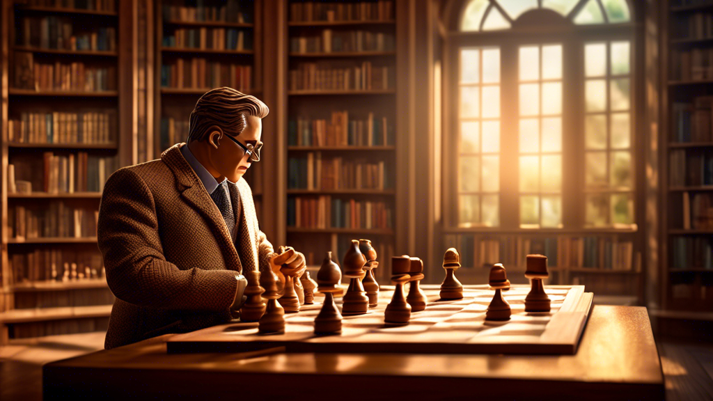 An elegant chessboard set up in a cozy library room, with sunlight streaming through the window, highlighting a special promotion sign next to exquisitely carved wooden chess pieces. The scene include