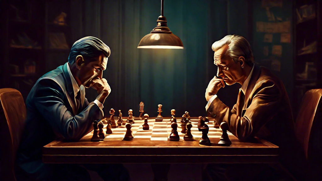 An intense chess match between two grandmasters at a vintage wooden table, with focused expressions and a strategic endgame position on the board, set in a dimly lit room highlighted by a single overh