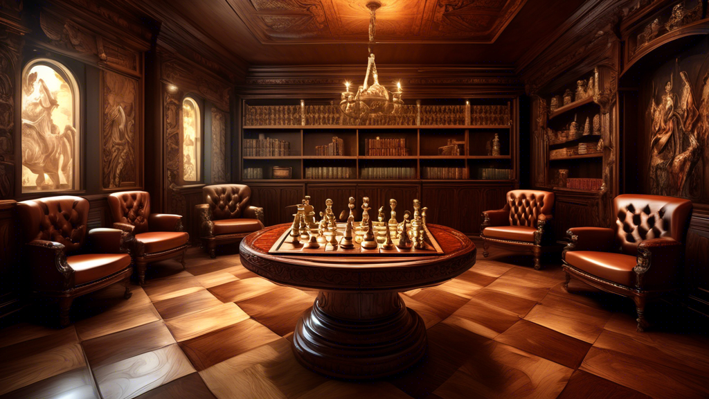 Detailed image of an elegant, hand-carved wooden chess board, featuring ornate pieces of both knights and pawns, prominently displayed in a luxurious, well-lit game room with classic leather chairs an