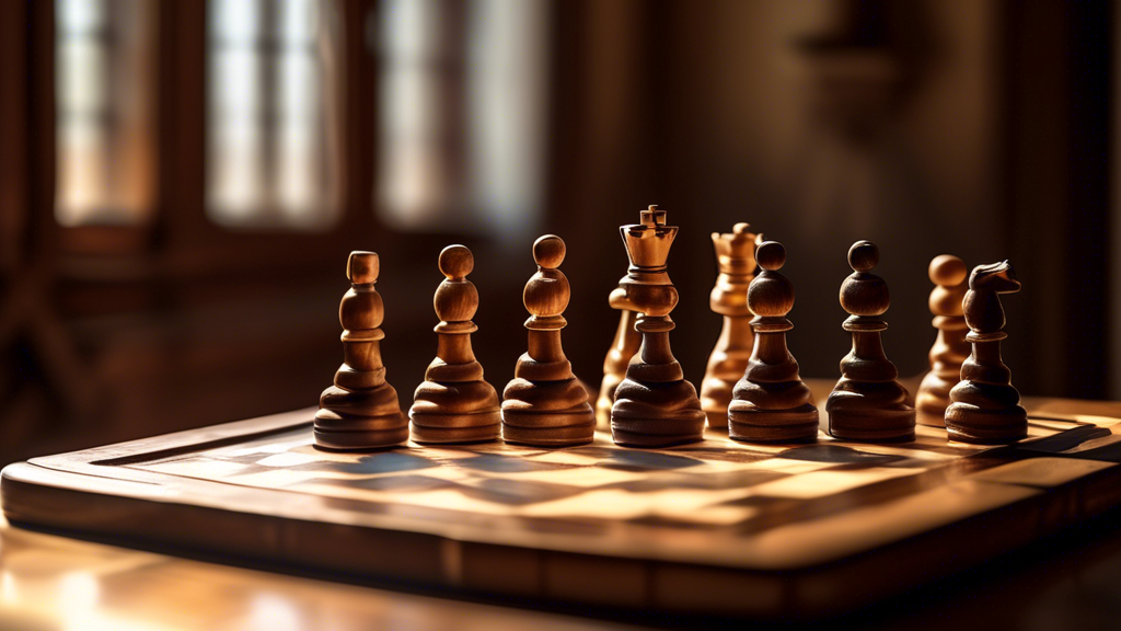 A detailed close-up of a vintage chess set on an old wooden table, with focus on elegantly carved wooden pieces, light streaming through a nearby window creating shadows on the board, suggesting a his