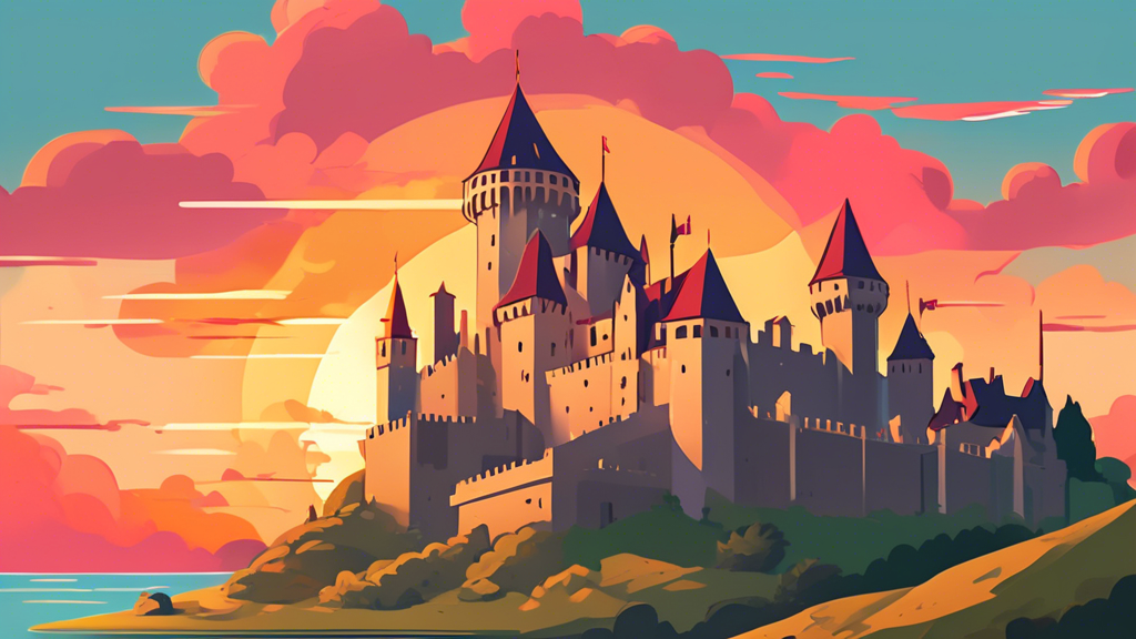 An illustrated medieval castle with prominent, simplified queen crenellations against a sunset sky, featuring a beginner's guidebook on architecture in the foreground