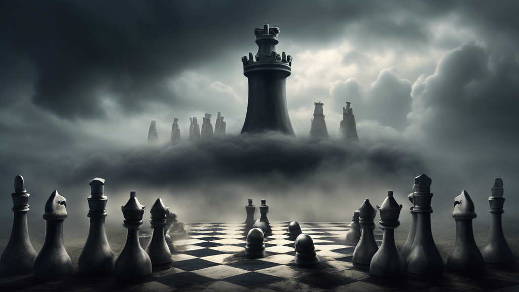 In a surreal landscape, a giant chess rook stands imposingly in the center of a foggy medieval battlefield, with human-sized chess pieces strategically positioned around it, poised in mid-battle. The 