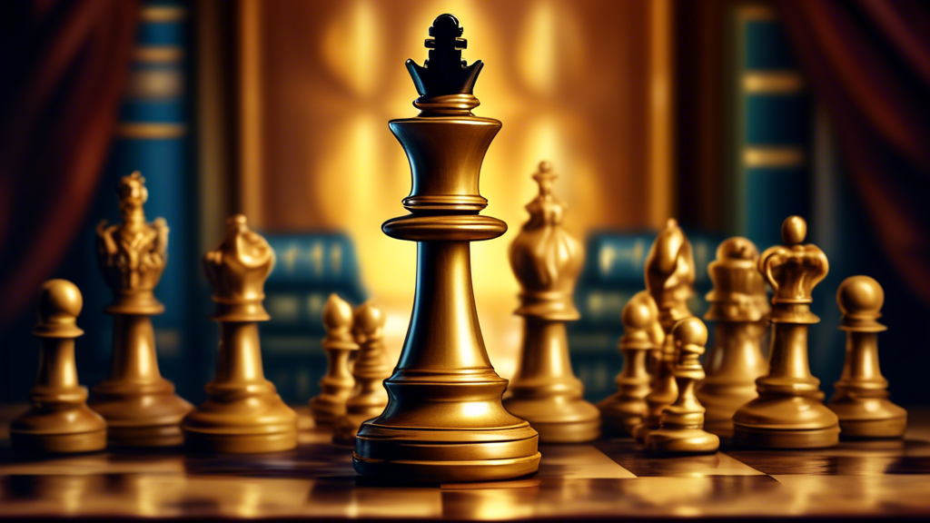 An ornate, golden queen chess piece standing prominently in the center of a beautifully crafted chess board, surrounded by other standard chess pieces, against the backdrop of a dimly lit, classic stu