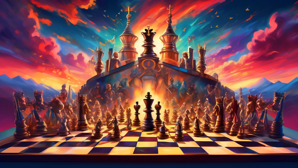 A digital painting of a grand chessboard under a vibrant evening sky, where a majestic king piece is animated and theatrically considering a knight piece, surrounded by observant pawns, bishops, and q