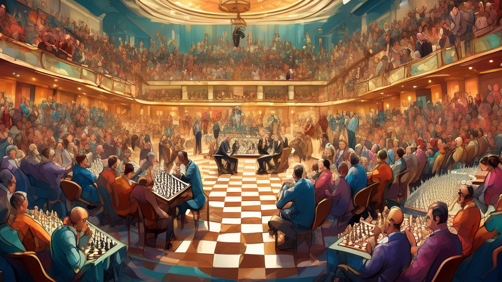 An artistic illustration of a grand chess tournament scene capturing the intense moments of a World Championship match. The background features a large, detailed schedule board listing highlights and 