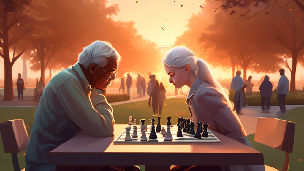 A detailed digital illustration of two focused individuals, a young woman and an elderly man, engrossed in a tense chess match in a serene park setting, where the chessboard conspicuously lacks a quee