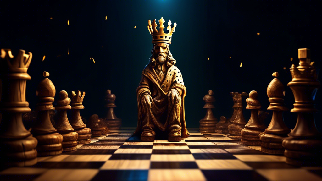 A majestic chess king standing taller than all other pieces on an intricately carved wooden chess board, with a glowing golden crown, surrounded by fallen pieces of all types, under a dramatic spotlig