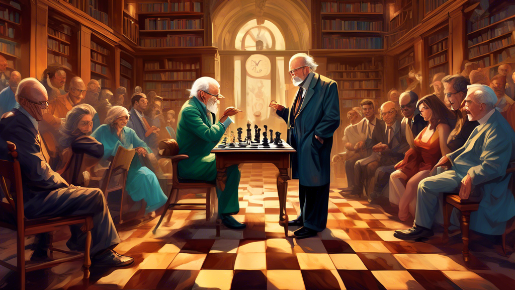 An intense chess match finale between two grandmasters in a historic library, with one poised to deliver a checkmate, featuring a grandiose chessboard and pieces, an audience of diverse spectators, an