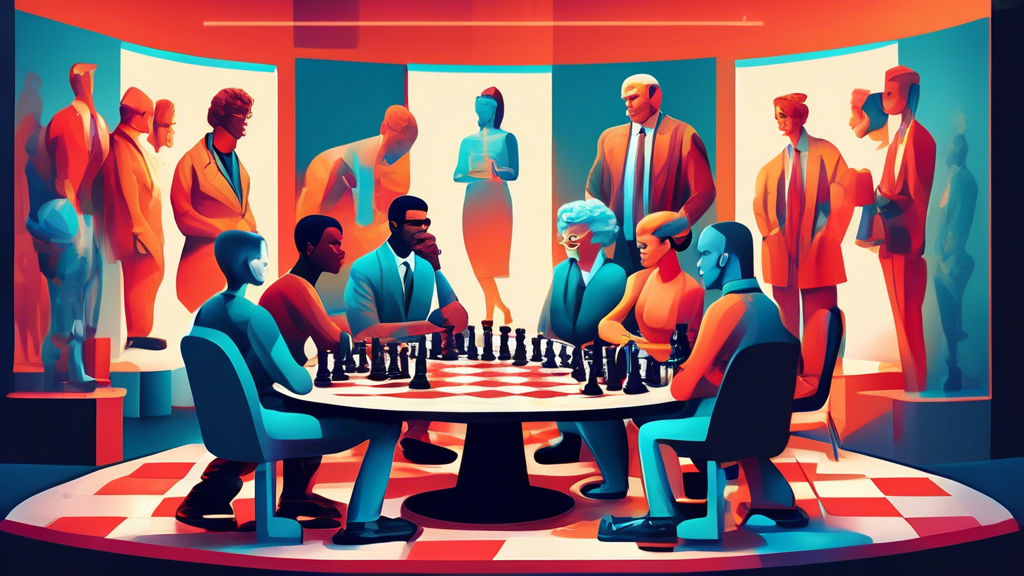 An imaginative conference room with two groups of people engaged in a heated debate, one side dressed in traditional athletic gear, the other in formal chess attire, with a large chessboard in the mid