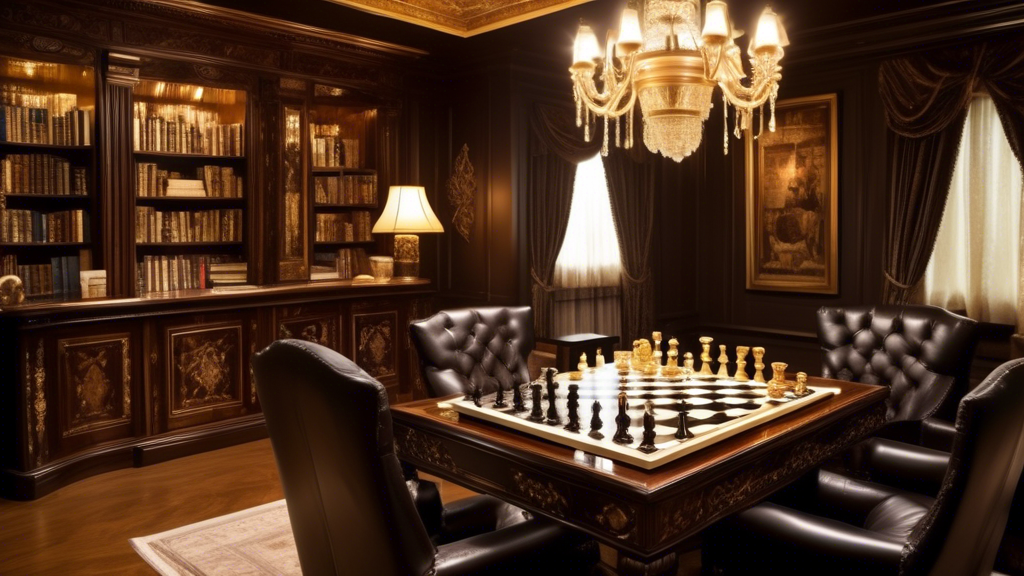 An elegant game room featuring plush, dark velvet armchairs and a grand wooden table showcasing a luxurious, ornately carved chess and backgammon set. The set features intricate inlays of gold and mot