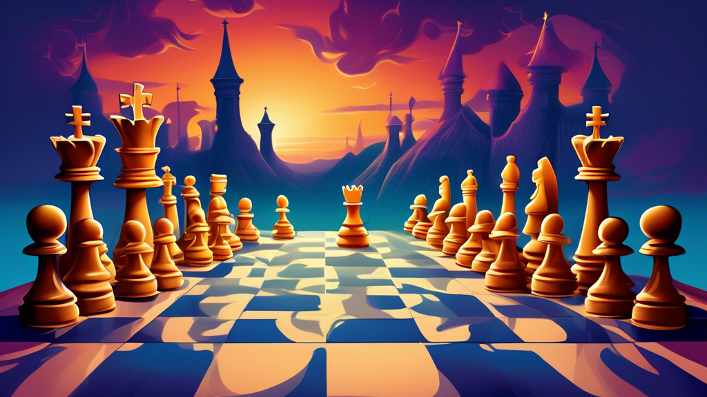 An artistic illustration of a chessboard under a twilight sky, where the chess pieces, styled as medieval characters, cleverly maneuver backwards, with emphasis on a king and a queen using unique, rev