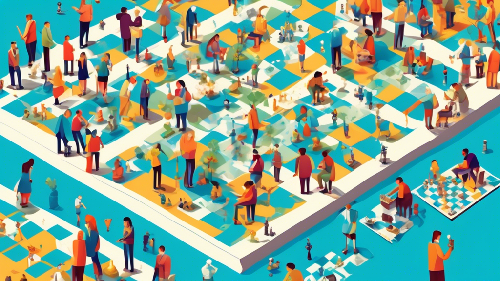 A vibrant digital illustration of a bustling city map pinpointing various chess clubs and events, featuring a diverse mix of people of all ages joyously engaged in playing chess in parks, cafes, and l