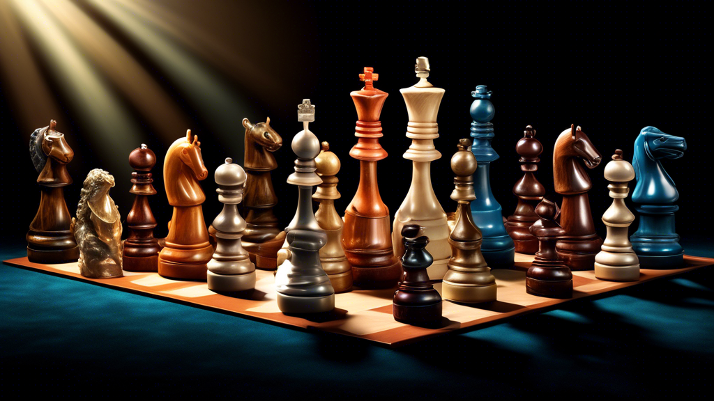 An array of chess pieces made from different materials such as wood, plastic, stone, and metal, displayed on a lush velvet background with a spotlight illuminating the intricate details of each piece,