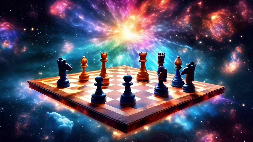 A surreal chessboard floating in a galactic space, with chess pieces made of glowing stars contending over a beautifully rare supernova explosion, viewed through an ethereal cosmic telescope.