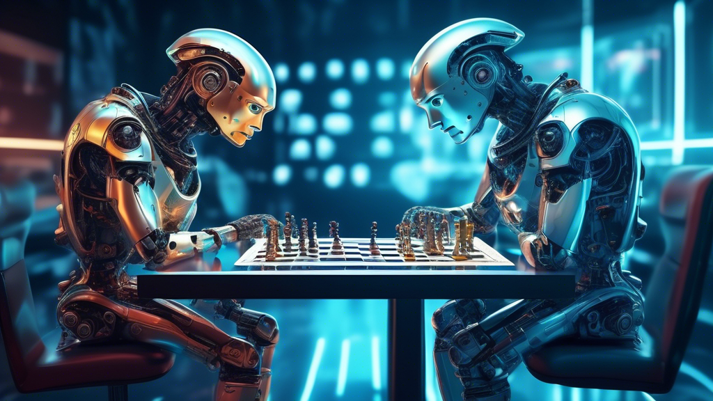 Two highly detailed robots sitting at a futuristic chess table, analyzing a complex chessboard, with digital scoreboards displaying their AI ratings, in a sleek, modern room filled with holographic di