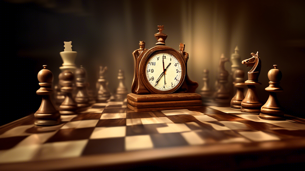 A digital artwork illustrating the moment a king piece is checkmated in a chess game, with a large, animated clock showing the time ticking towards the game’s conclusion. The setting is an elegantly c