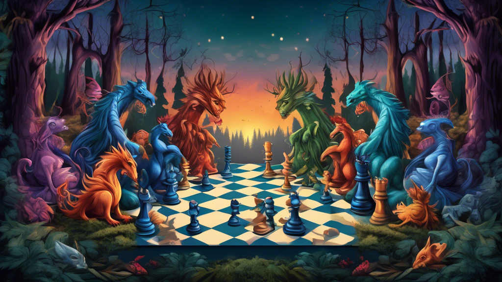 An imaginative, fantasy-themed chessboard where each chess piece is uniquely represented as a different mythical monster, played in a mystical forest setting under a twilight sky.