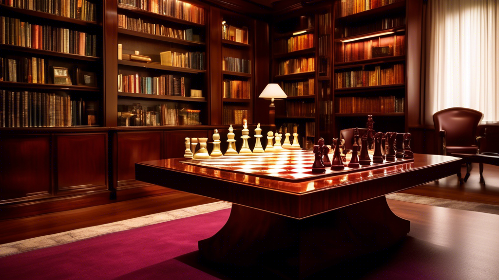 An elegant, high-end chess set displayed on a polished mahogany table in a luxurious library with floor-to-ceiling bookshelves and soft, ambient lighting.