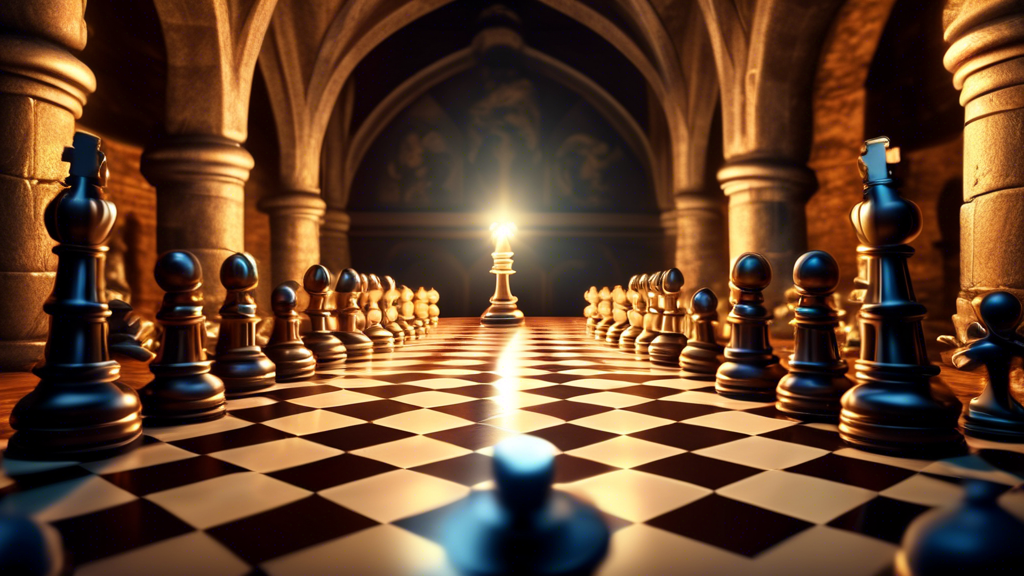 An ornate chessboard in a medieval castle setting, with a spotlight illuminating a regal, intricately detailed king piece, surrounded by other chess pieces in the background, symbolizing its importanc