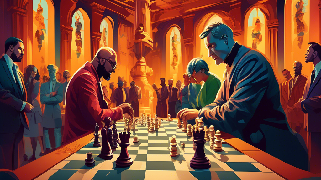 An intricate chessboard scene showing a tense moment where a skilled player in deep thought is considering exchanging a bishop for a rook, with spectators watching eagerly in a grand, well-lit tournam