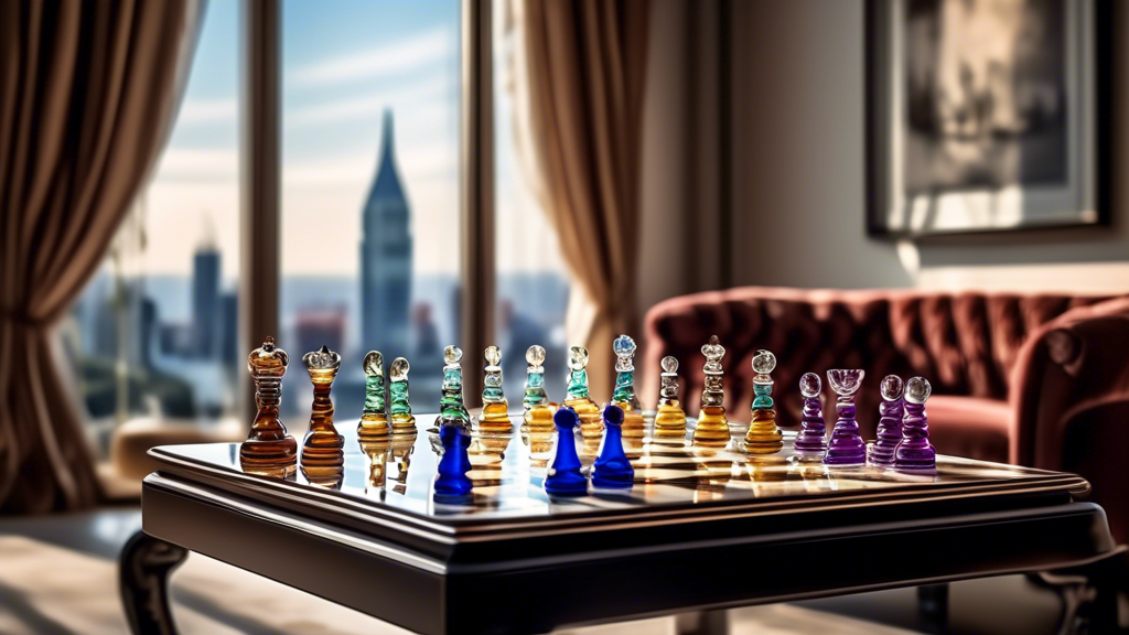 A stunning luxury glass chess set on a marble table illuminated by soft natural light, set against a backdrop of an elegantly decorated living room with plush velvet curtains and a glimpse of a citysc