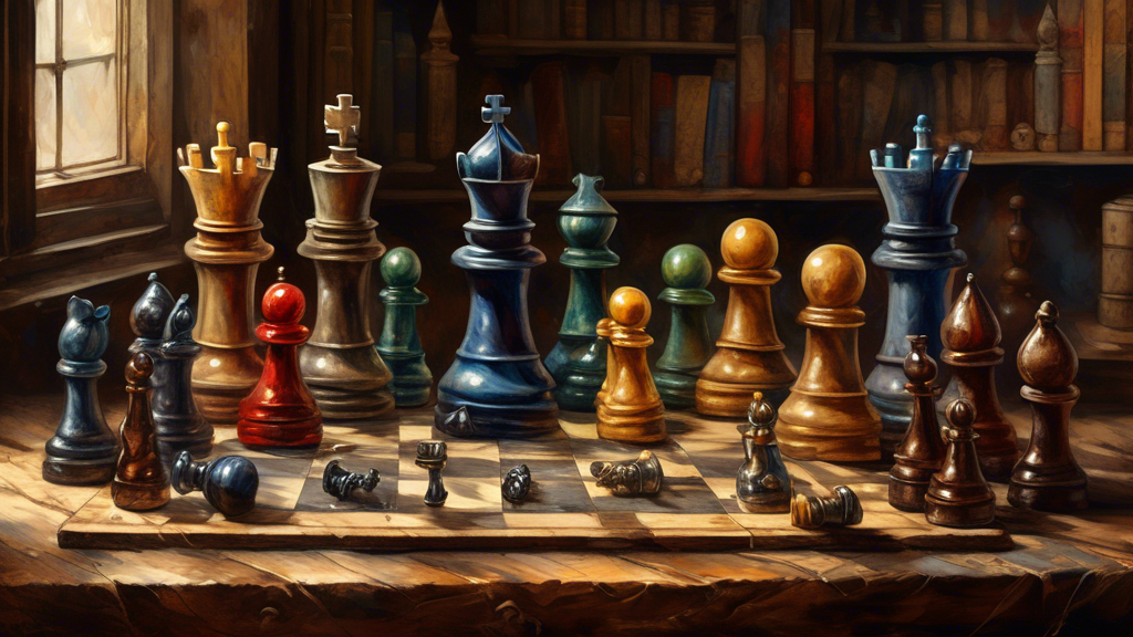 A detailed still life painting of various chess pieces including knights, rooks, and pawns, made out of different materials like wood, glass, and stone, laid scattered on an aged wooden chess board, w