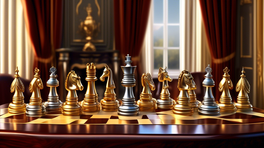 An intricately detailed luxury chess set displayed on a mahogany table, each chess piece made of gold and silver, in a lavish room with a fireplace and rich velvet curtains, symbolizing wealth and opu