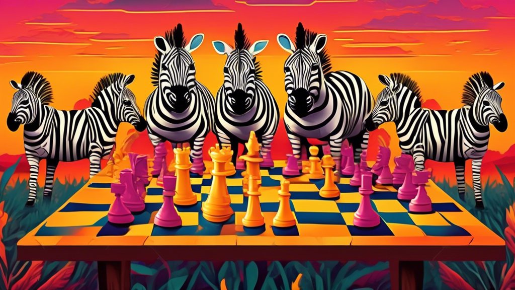 An imaginative artwork displaying zebras playing chess in an African savannah, with each zebra thoughtfully analyzing an oversized chessboard, showcasing unique and strategic moves under a vivid sunse