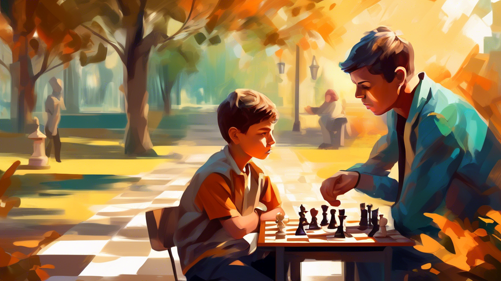 A digital painting of a young boy with ADHD deeply focused on a chess game in a serene park, with gentle sunlight filtering through the leaves and a chess teacher giving guidance nearby.