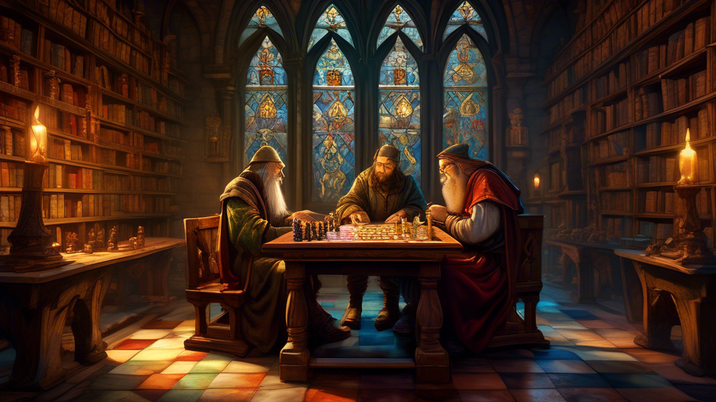 An imaginative scene depicting two medieval scholars seated at a rustic wooden table, deeply engaged in playing a unique game of chess that involves rolling dice. The setting is a dimly lit, cozy libr