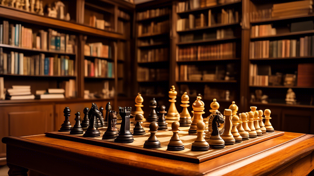 An intricate collection of antique chess sets from various manufacturers displayed on a polished wooden table, each with a small, elegant plaque showing the maker's name, in a cozy, well-lit study roo