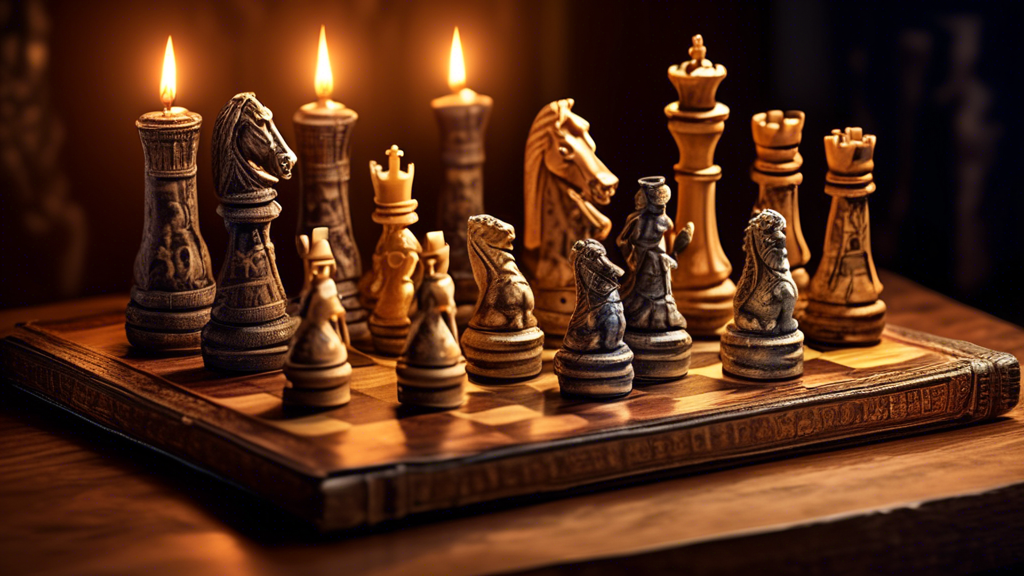 An ornate and detailed chess set on a wooden table, with chess pieces designed as historical figures from different ancient battles, including Roman gladiators, medieval knights, and Egyptian warriors