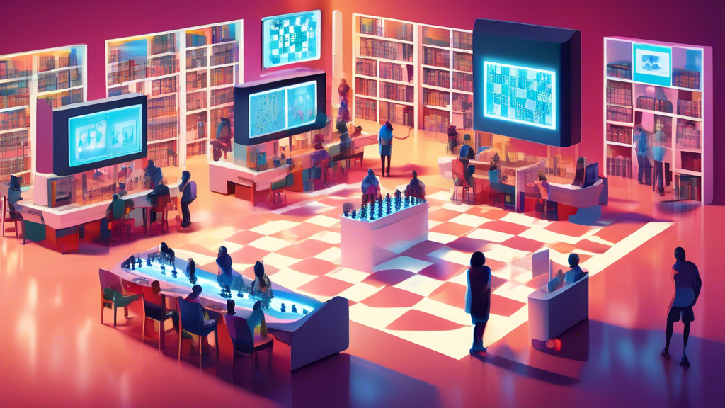 An illustrated digital landscape of a spacious, modern library with various computer stations. Each screen displays vibrant, interactive chess tutorials and games, showcasing people of diverse ages an