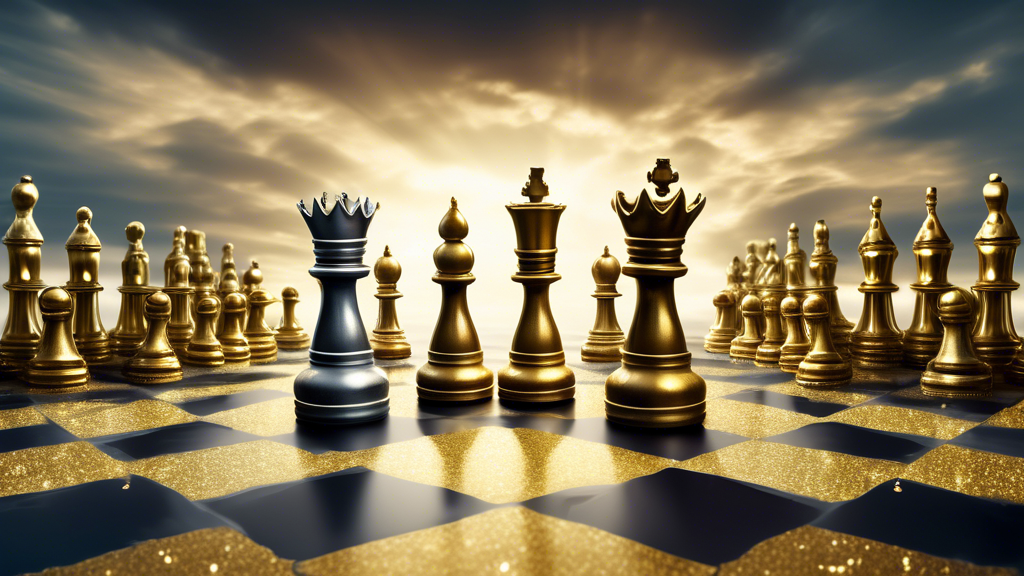 A surreal chessboard scene where two kings, one made of glittering gold and the other of shimmering silver, stand facing each other on the board, with other chess pieces bowed down around them in a ci