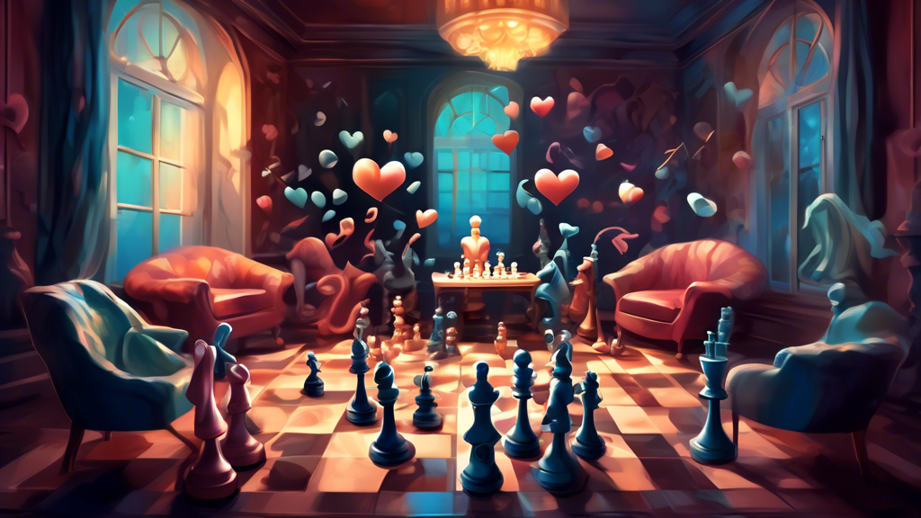 An enchanting scene where chess pieces gracefully morph into musical notes and instruments, surrounded by soft, swirling heart shapes, set in a serene, dimly lit room, conveying a sense of romance and