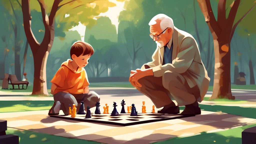 An animated scene of a young child and an elderly chess master sitting across from each other at a park, learning and discussing chess strategies, with a gentle sunlight filtering through the trees an