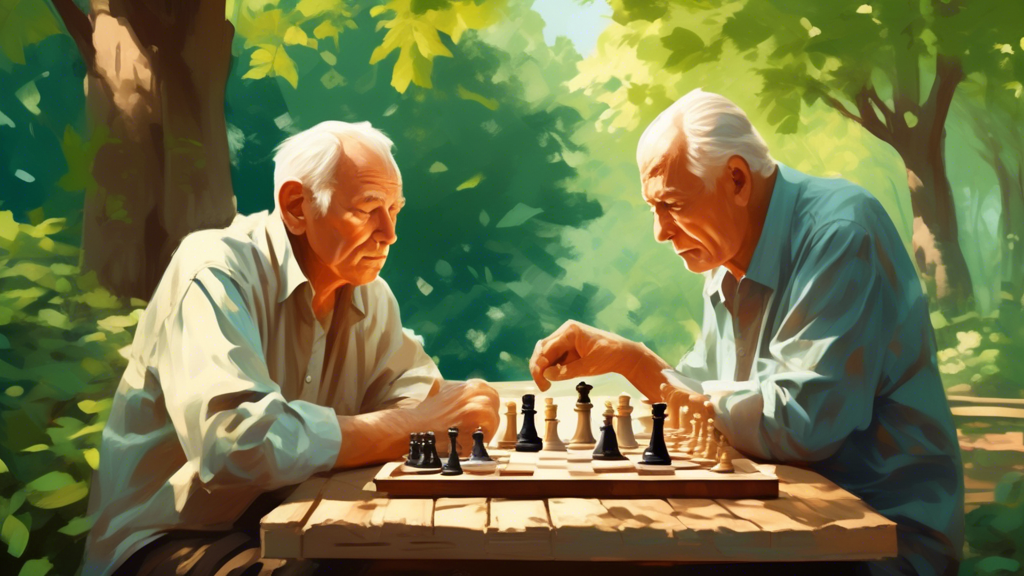 A serene park setting with two elderly men deeply concentrated while playing chess on a rustic wooden table, surrounded by lush green trees and gentle sunlight filtering through the leaves, with a few