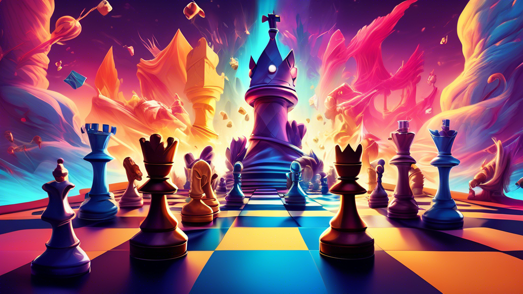 An artistic digital illustration showcasing a vibrant, fantastical video game world inspired by chess, featuring characters as animated chess pieces engaging in strategic battles on a giant chessboard