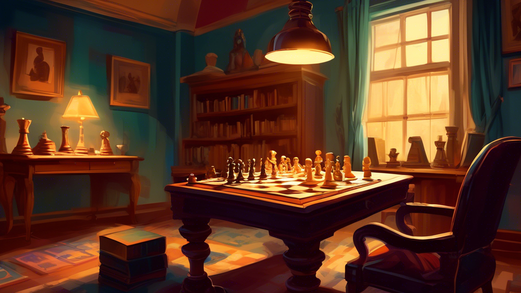 A serene vintage-style study room, with a wooden chessboard on an ornate table under a soft lamplight, books scattered around, two players deeply focused on a game of untimed chess, with a wall clock 