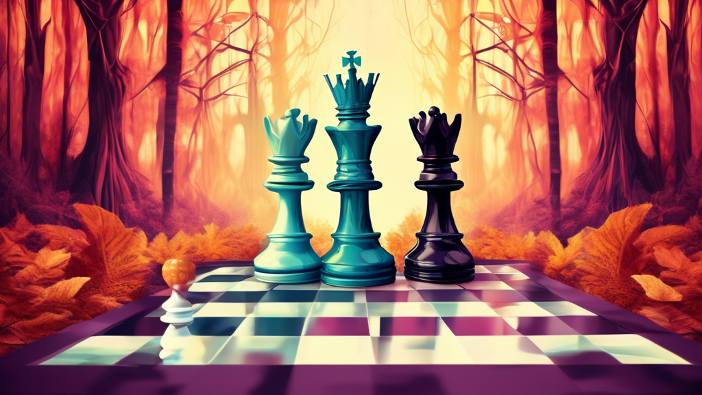 Two chess kings facing each other on a surreal chessboard, with one king extending its scepter towards the other in a dramatic, mythical forest setting.