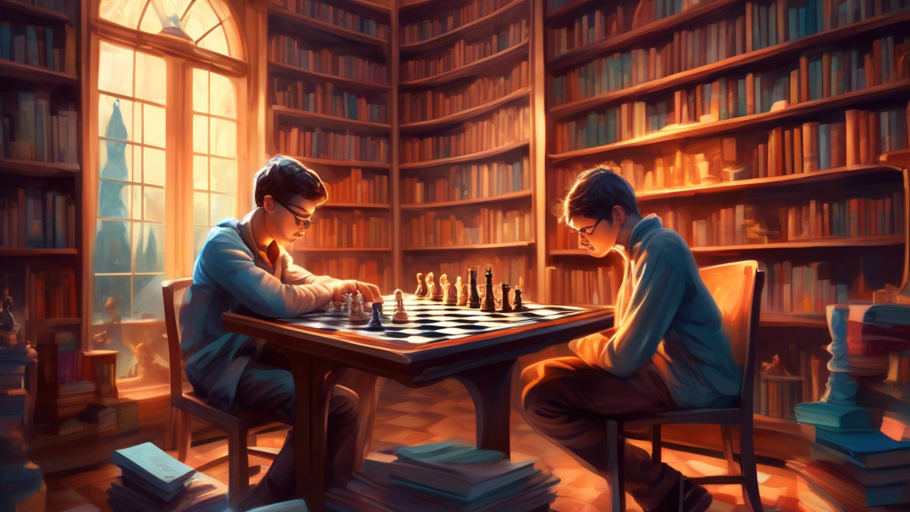 A young chess enthusiast intensely studying chess books and playing chess with a FIDE-rated player in a cozy, well-lit library, surrounded by towering shelves filled with books, in a magical realism s