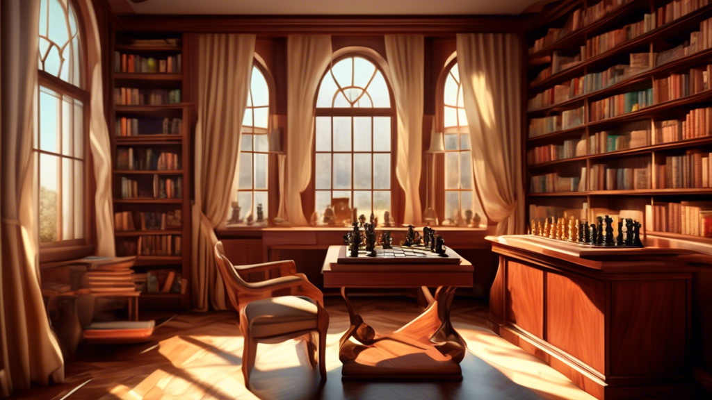 An elegant, vintage-style study with mahogany shelves filled with books, and a large window with flowing curtains, in the center a table showcasing various types of folding chess boards made of differ